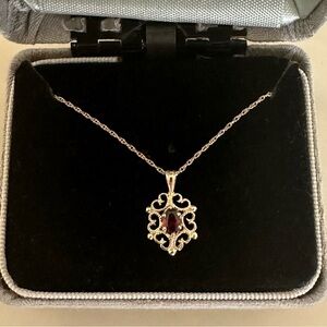 14k Solid Gold Garnet Filigree Pendant Necklace